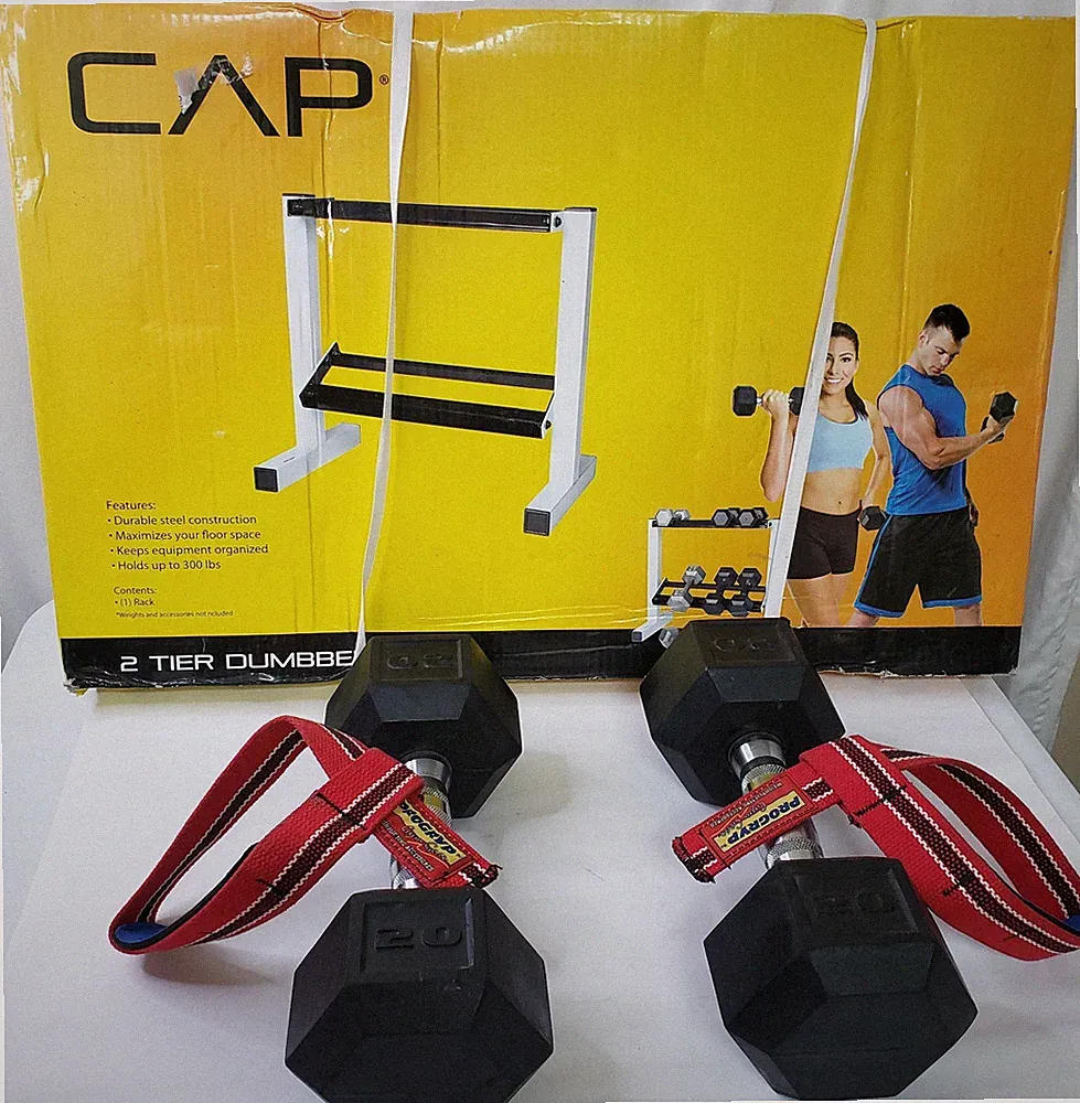 2 Rubber-Coated Hex Dumbbells 20 lb W/ 2 Tier Storage Rack & Wrist Straps EUC