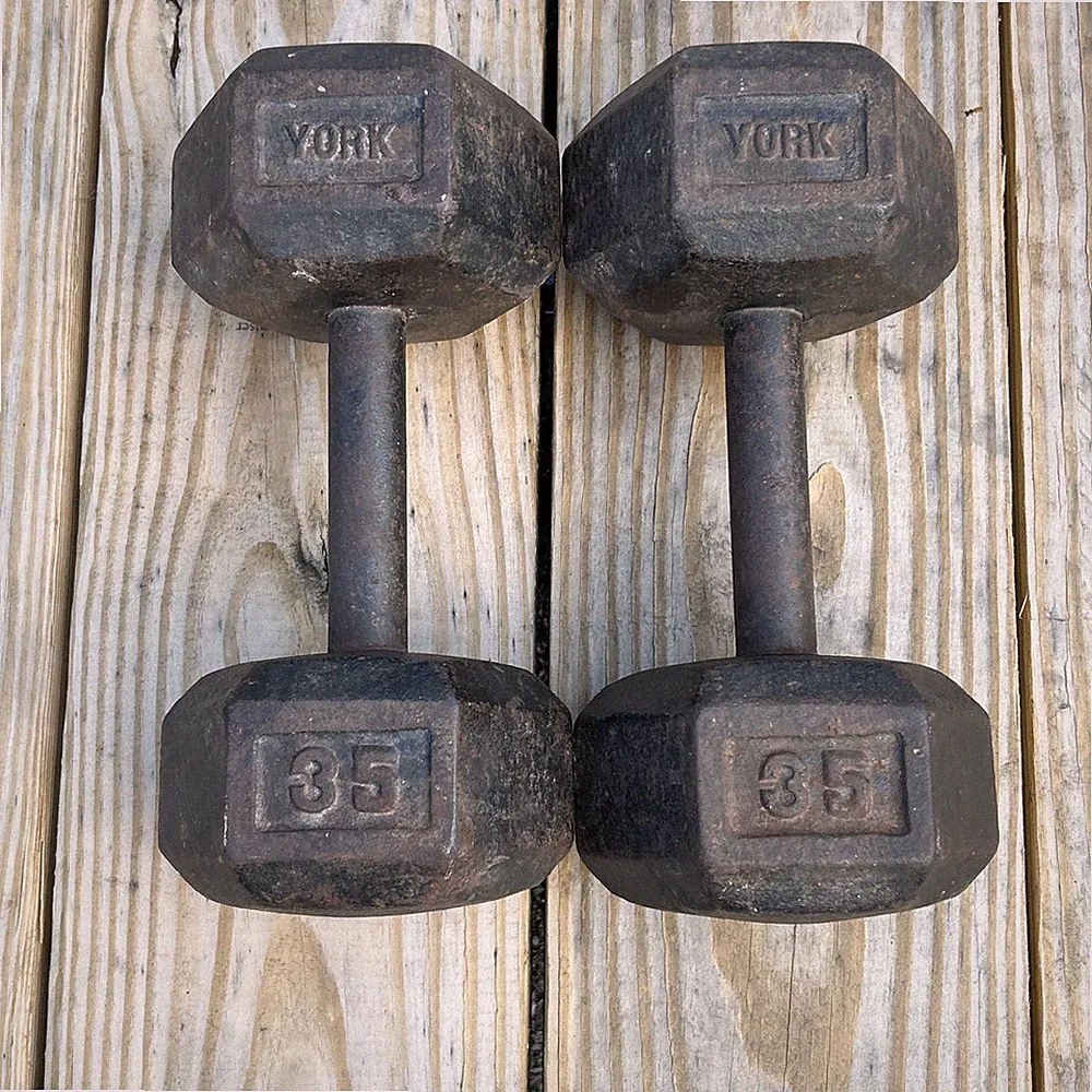 2 Vintage York 35 LB Hex Head Cast Iron Dumbbells USA STAMPED 70 Lbs Total
