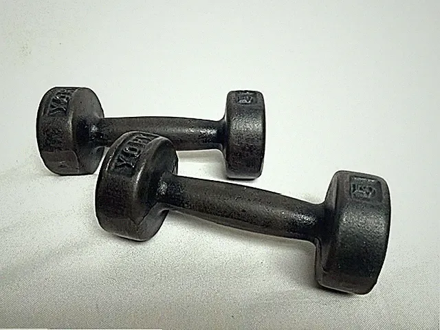 2 Vintage YORK 5 Pound Cast Iron Barbell Set Dumbbell Weight Pair Flat Rest Old