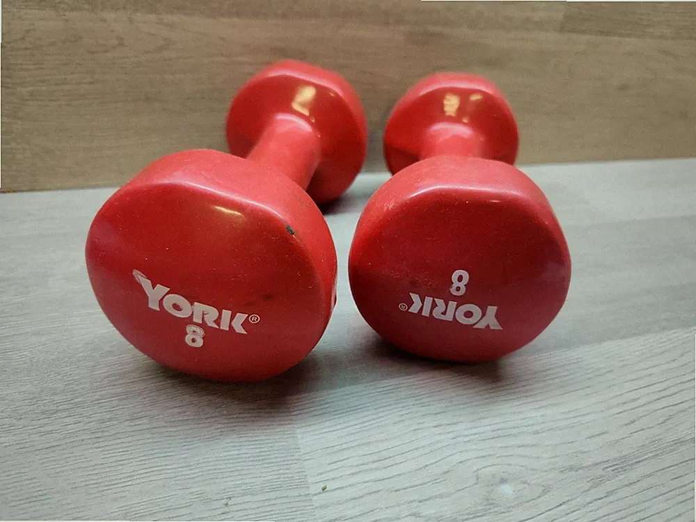 2 Vintage York 8 LB Red Vinyl Coated Dumbbells . 1 Pair (16lbs Total)