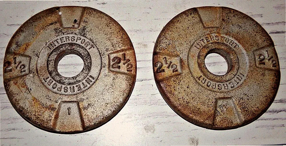 2 Vtg INTERSPORT 2.5 Lb BODYBUILDING Weight Plates DUMBBELLS Exercise GYM iron