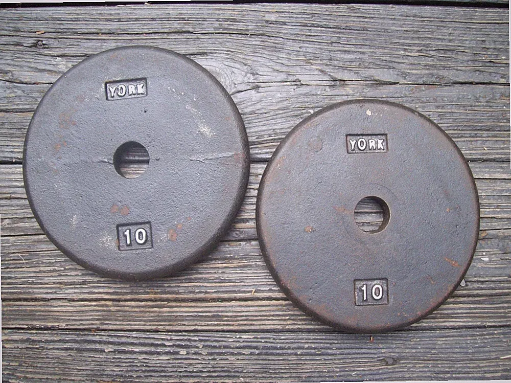 2 vtg YORK BARBELL "PANCAKE 10s Bodybuilding fitness STRONGMAN Dumbbells weights