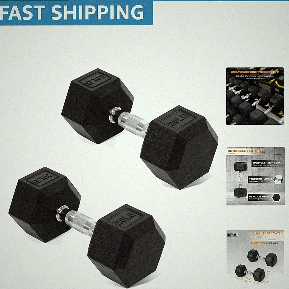 20lb Rubber Encased Hex Dumbbells - Cast Iron for Home Gym Excellence