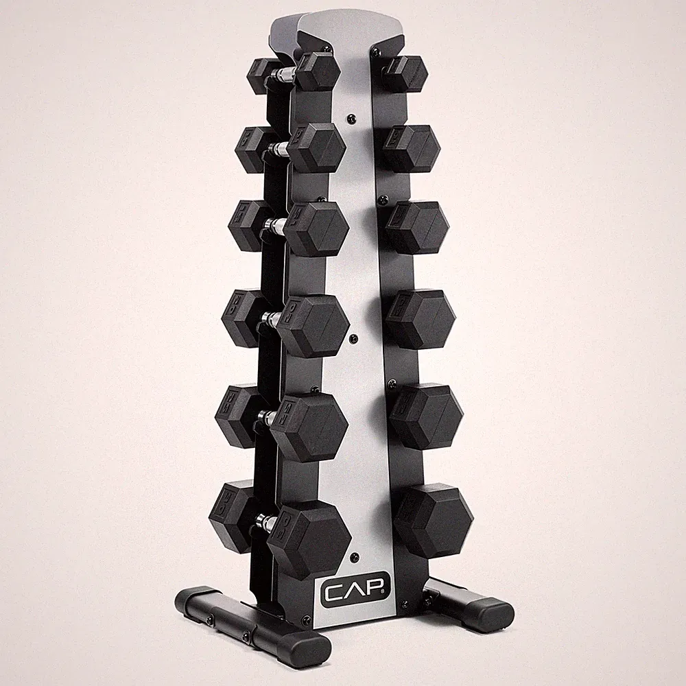 210 lb Rubber Coated Hex Dumbbell Set with Vertical Rack, Space-Saving Storag...