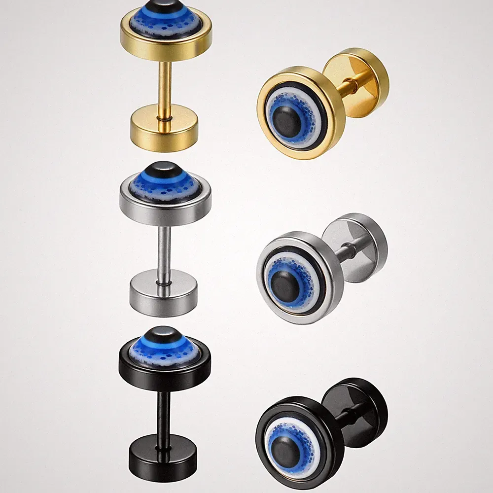 2pcs 8MM Mens Women Stainless Steel Evil Eye Barbell Dumbbell Ear Studs Earrings