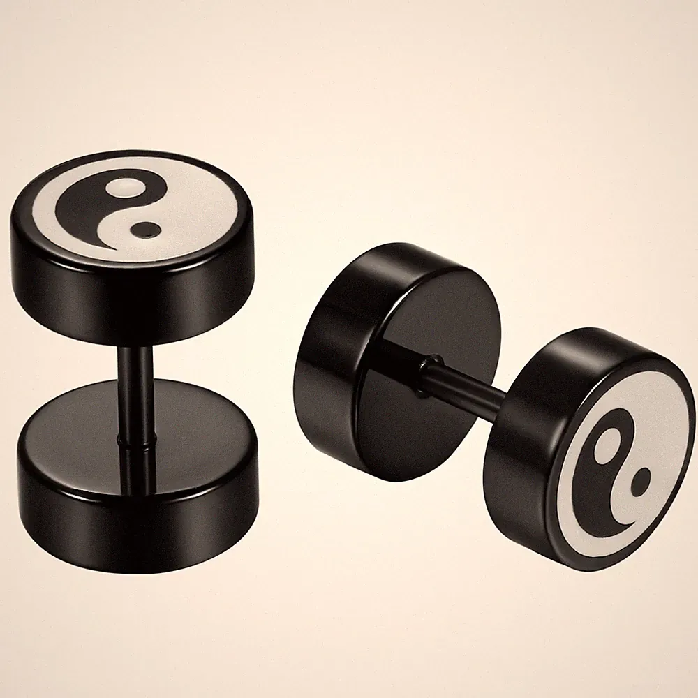 2pcs Men's Womens Stainless Steel Round Barbell Dumbbell Patterned Stud Earrings