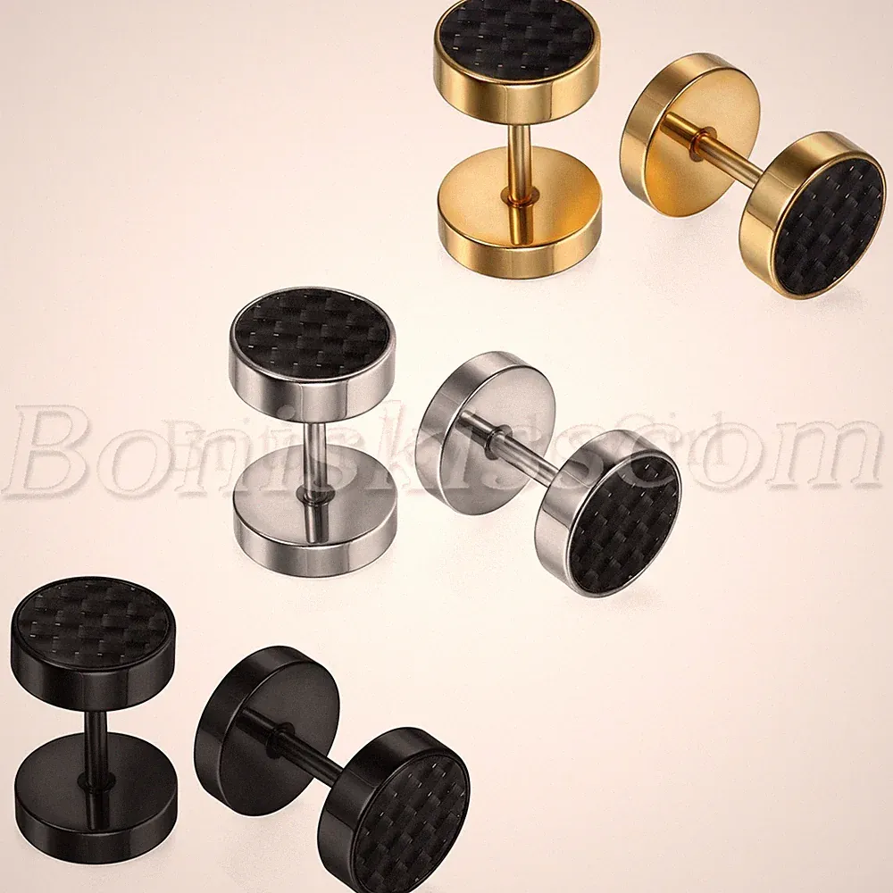 2pcs Mens Women Stainless Steel Carbon Fiber Barbell Dumbbell Ear Studs Earrings