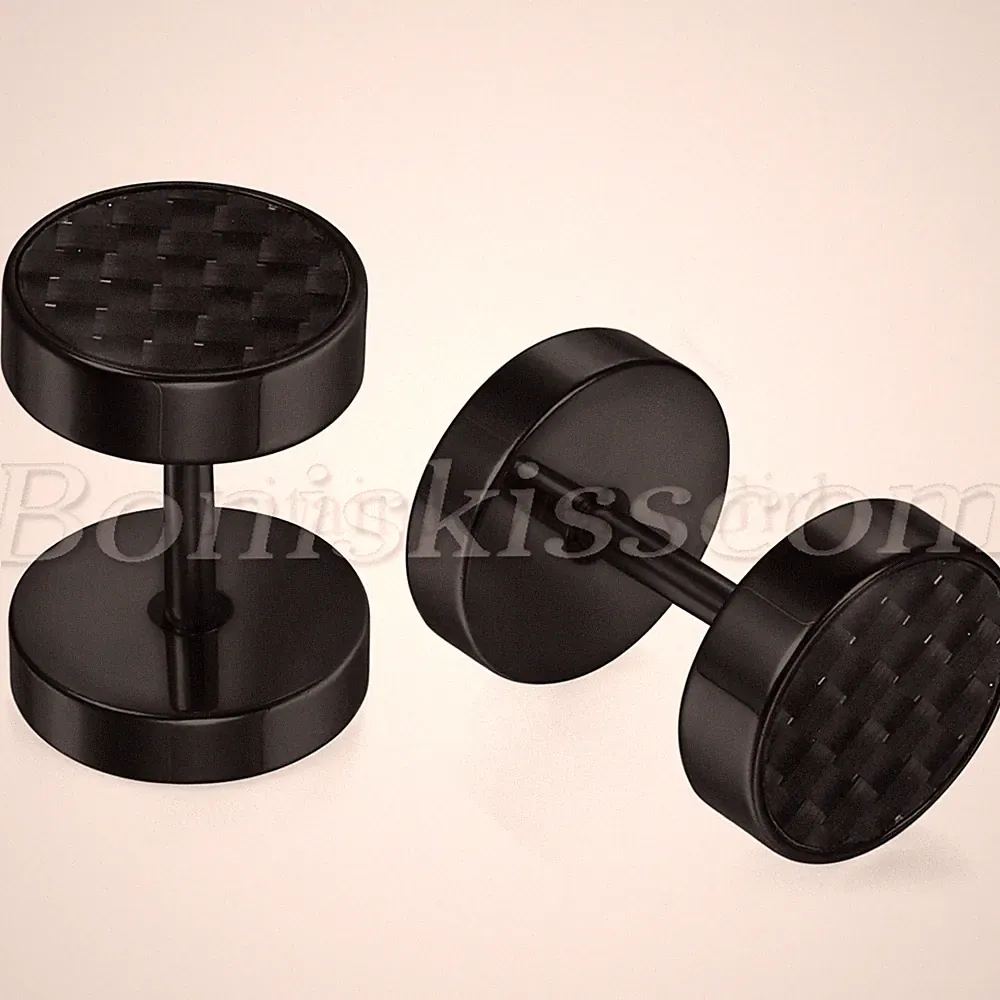 2pcs Mens Women Stainless Steel Carbon Fiber Barbell Dumbbell Ear Studs Earrings