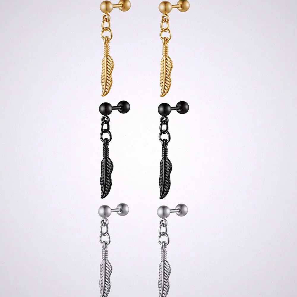 2pcs Stainless Steel Feather Drop Dangle Unisex Dumbbell Barbell Studs Earrings