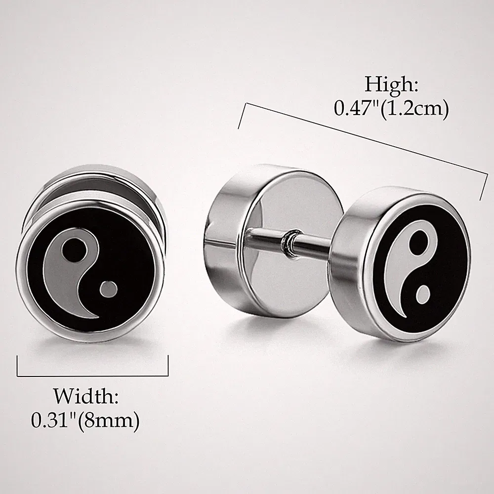 2pcs Stainless Steel Round BAGUA YING YANG Barbell Dumbbell Stud Earrings Gift