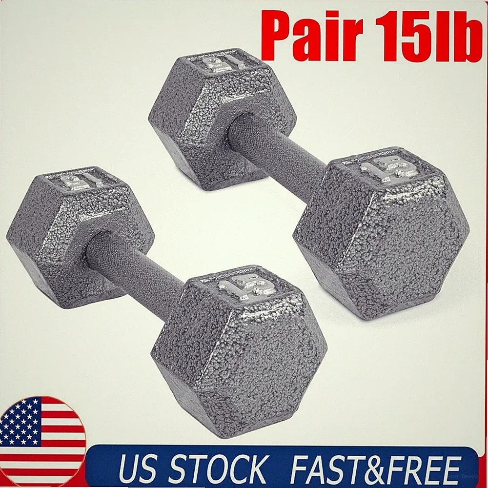 2x 15lb Gray Dumbbell Pair Cast Iron Hex Dumbbell, Set of 2 Dumbbell Hand Weight
