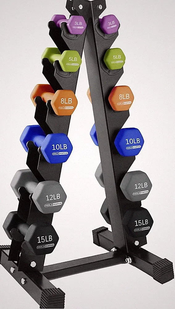 3, 5, 8, 10, 12 & 15 Pound Neoprene Hex Dumbbell Weight & Storage Rack