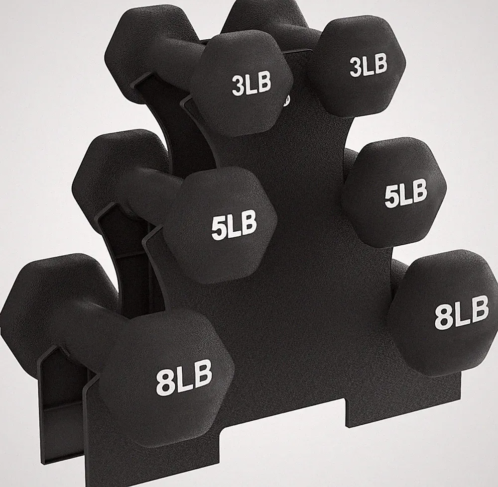 (3/5/8LB) 3 Pairs Dumbbell Set Black Neoprene Coated Dumbbell Set w/ Stand Rack