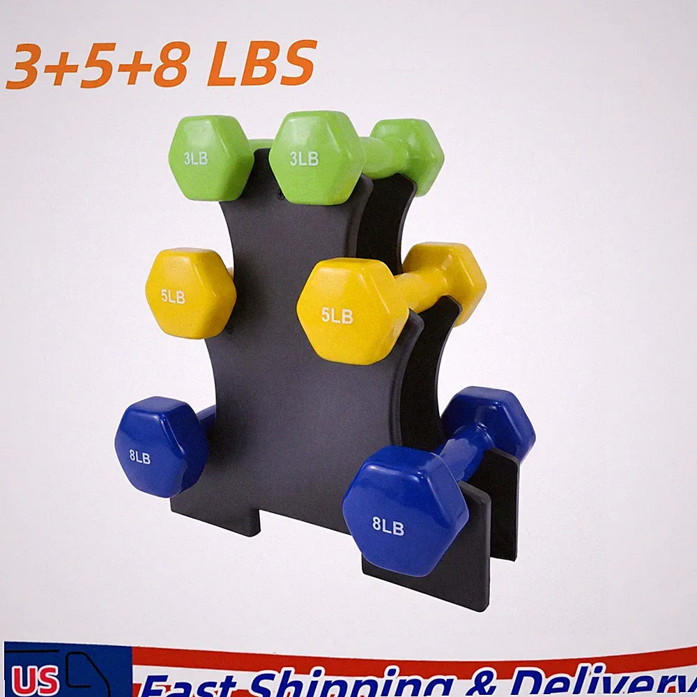 3, 5 and 8 Pound Neoprene Dumbbell Strength Training Weights Set Rack