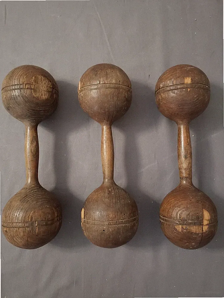3 Antique Vintage Wooden Dumbbells Hand-Turned Exercise Weights Folk Art Deco