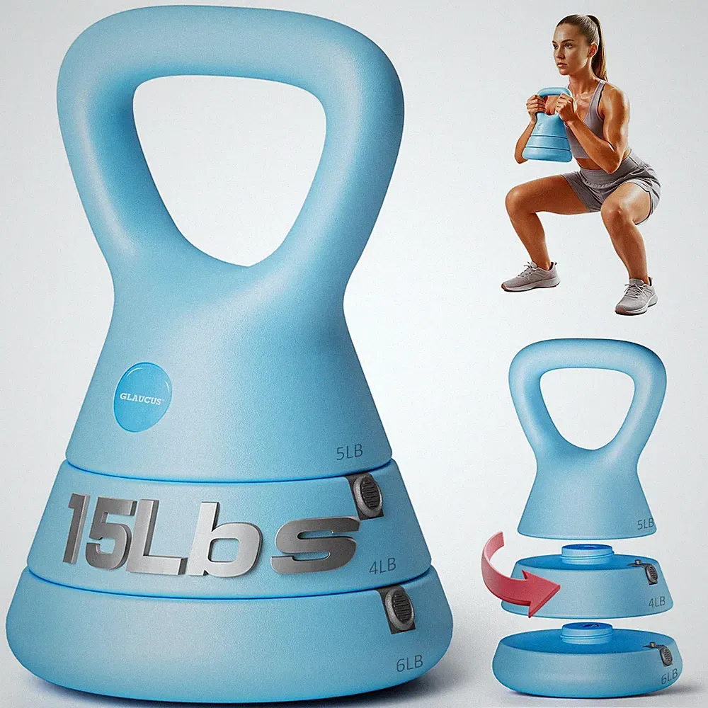 3-in-1 Adjustable Kettlebell (5-9-15 lbs), Quick Press & Twist Weight Adjustm...
