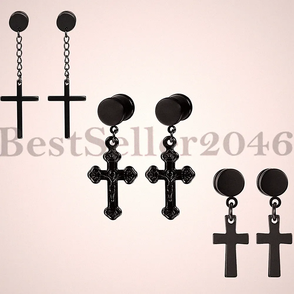 3 Pair Cross Drop Dangle Earring Dumbbell Barbell Stud Men Women Stainless Steel