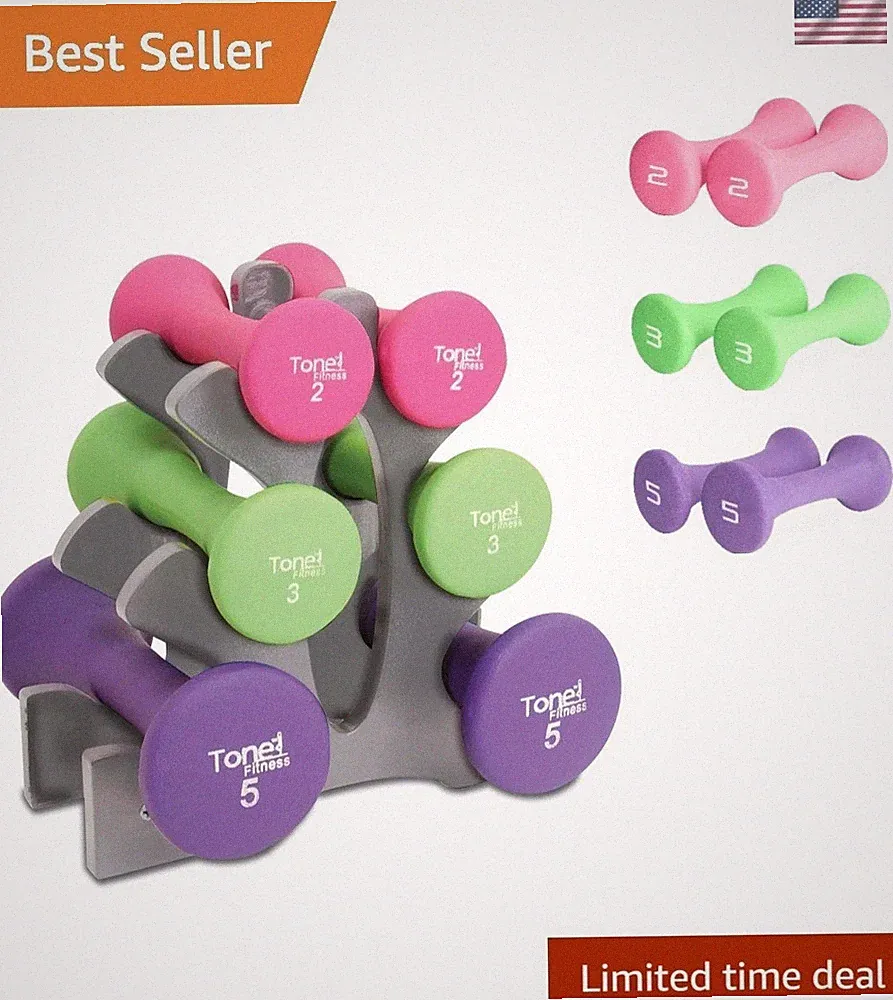 3-Pair Dumbbell Set - 2, 3, and 5lb Neoprene Weights with Convenient Rack