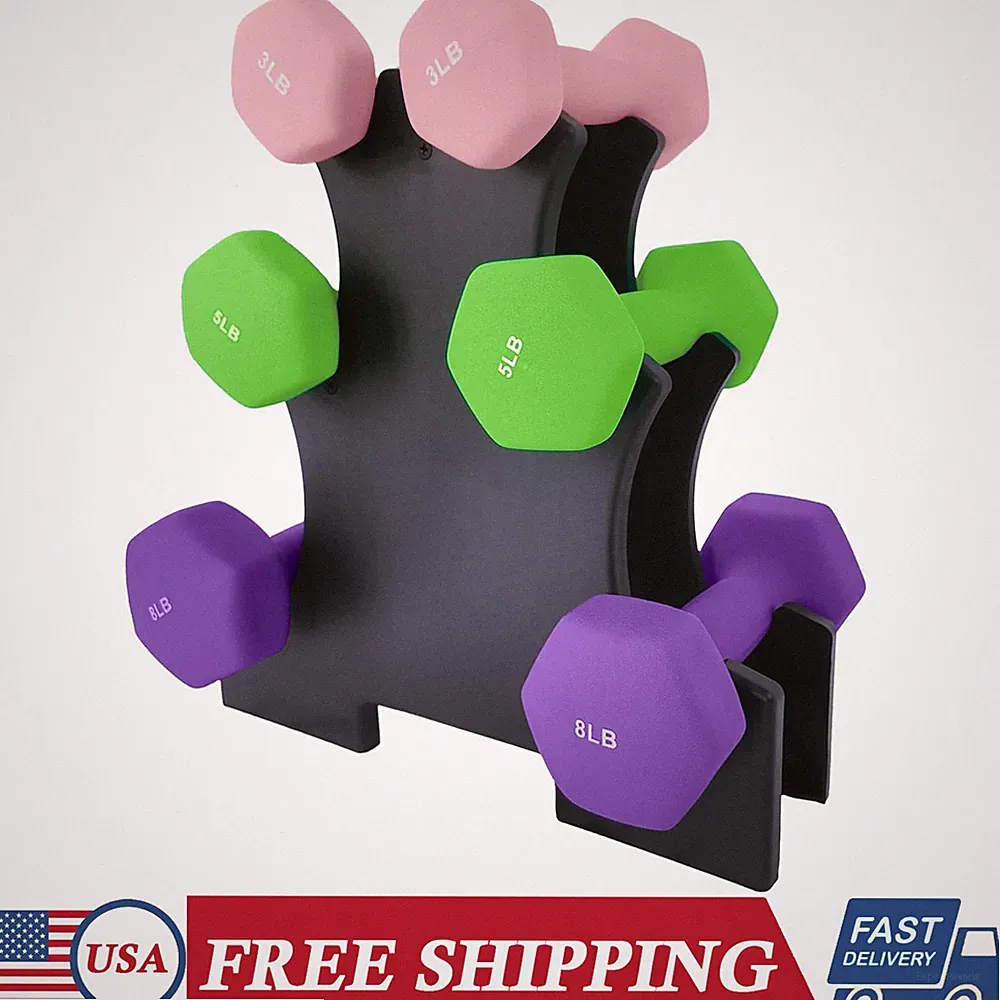 3 Pairs 3lb 5lb 8lb PVC Coated Dumbbells Hexagon Weights Dumbbell Set with Rack