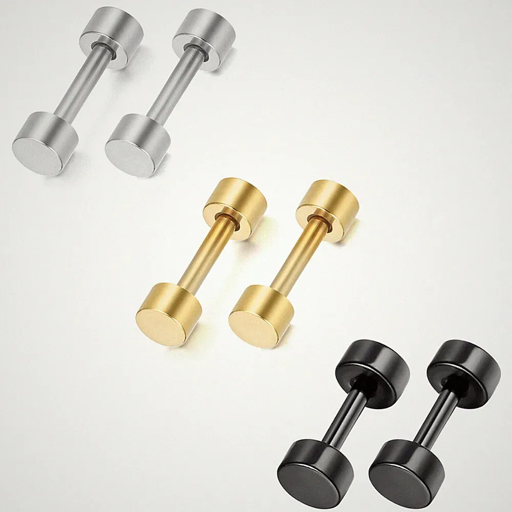3 Pairs Stainless Steel Barbell Dumbbell Ear Stud Earrings Screw Back Men Women