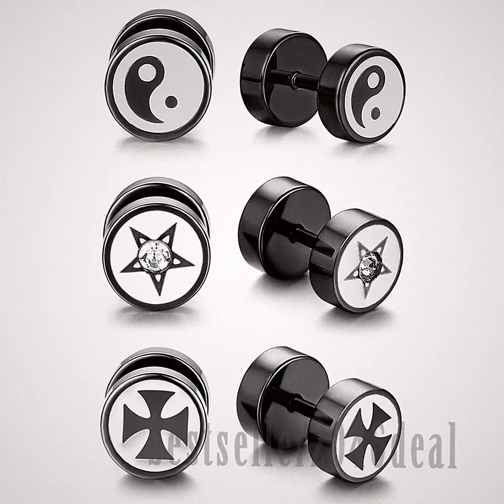 3 Pairs Stainless Steel Star YingYang Cross Dumbbell Barbell Ear Studs Earrings