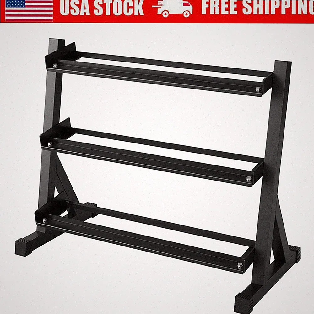 3-Tier Carbon Steel Dumbbell Rack, 1000LB Capacity & Angled Shelves for Home Gym