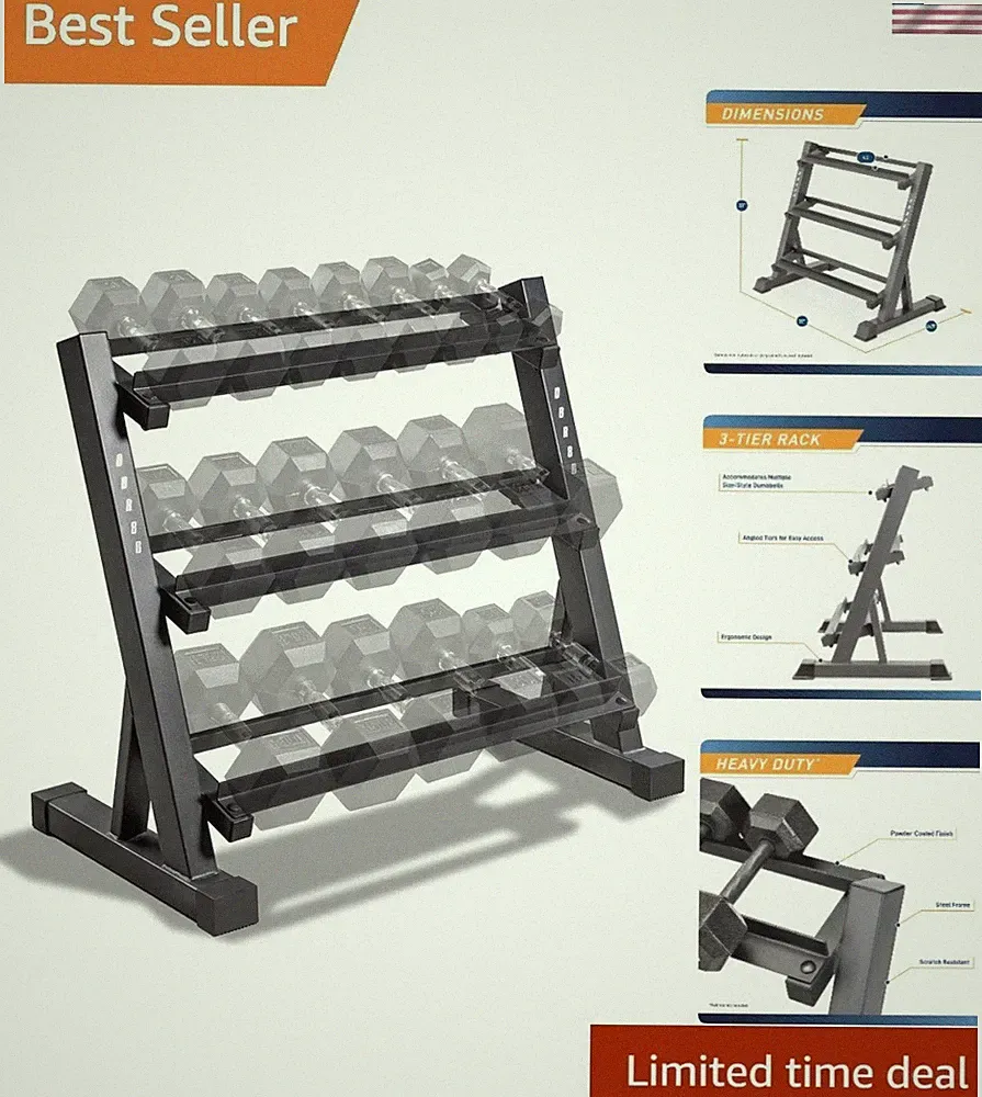 3-Tier Heavy-Duty Dumbbell Rack - Compact Weight Storage Organizer for Home Gym
