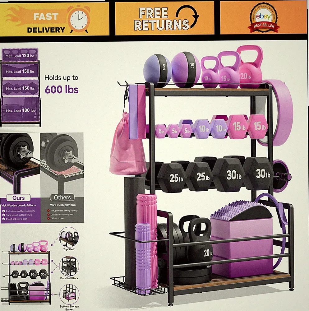 3-Tier Weight Rack for Home Gym - Dumbbell & Kettlebell Storage Stand, Steel Org