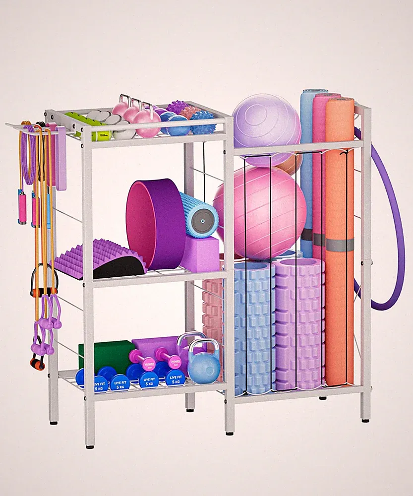 3 Tiers Dumbbells Yoga Mat Storage Rack with Elastic Straps for Kettlebells F...