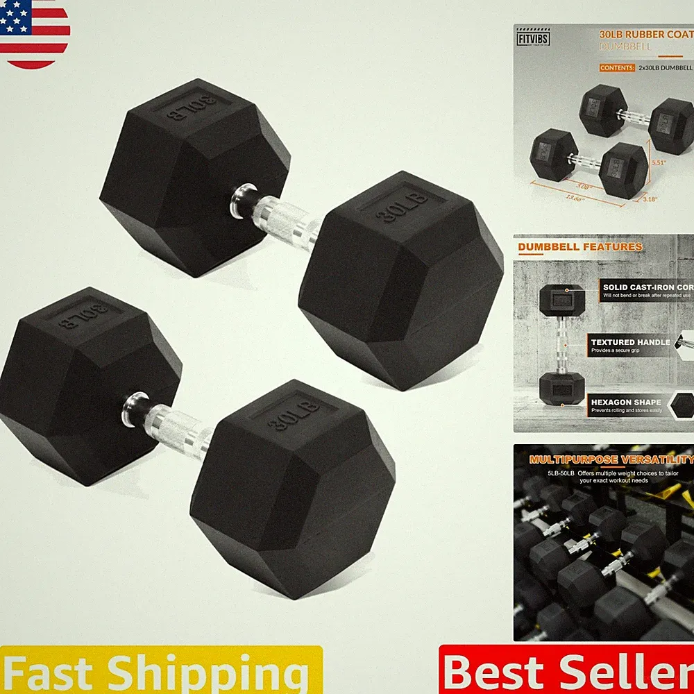 30 lb Hex Dumbbells Set Rubber Coated Solid Iron No-Roll Design