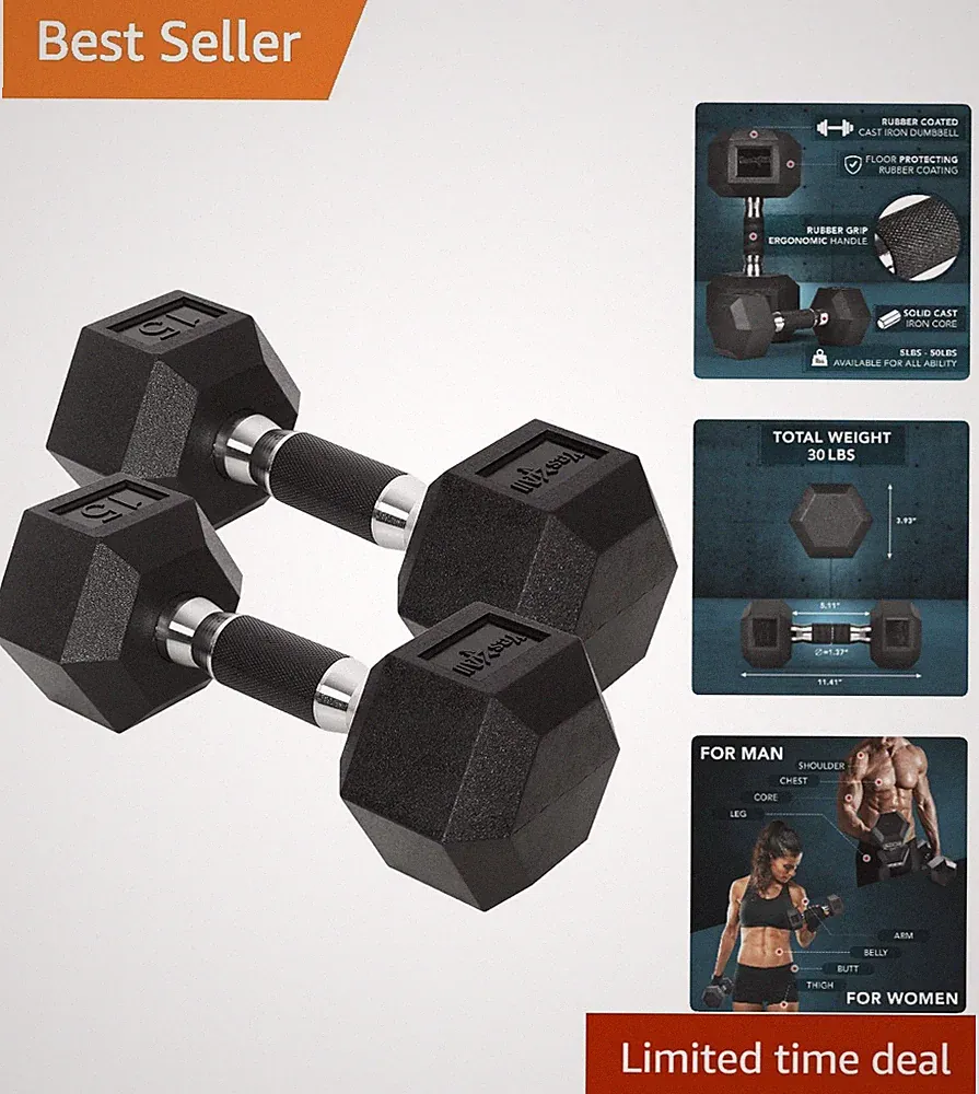 30 lb Pair of Hex Dumbbells - Rubber Coated Non-Slip Weights for Home Gym