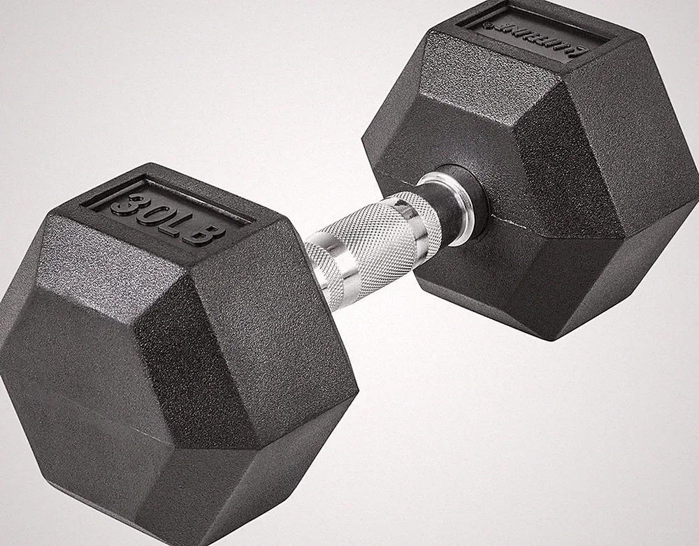 30 lb Rubber Hex Dumbbell, No-Roll Head, Chrome Knurl Handle, Gym Weight