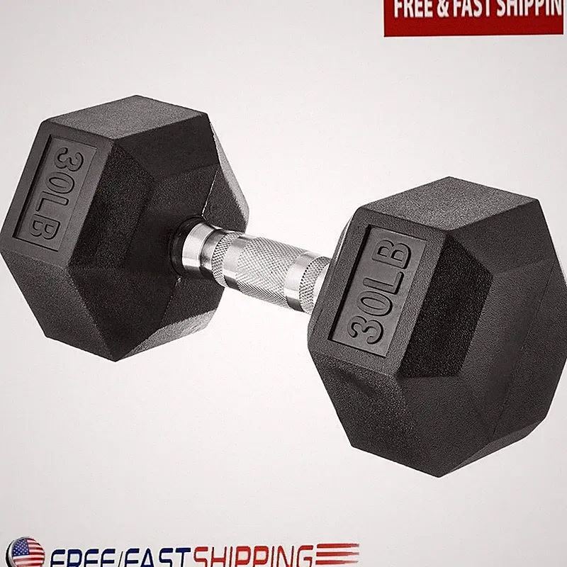 30lb Dumbbell Weight Solid Cast Iron Rubber Encased Non Slip Grip Hexagon Ends