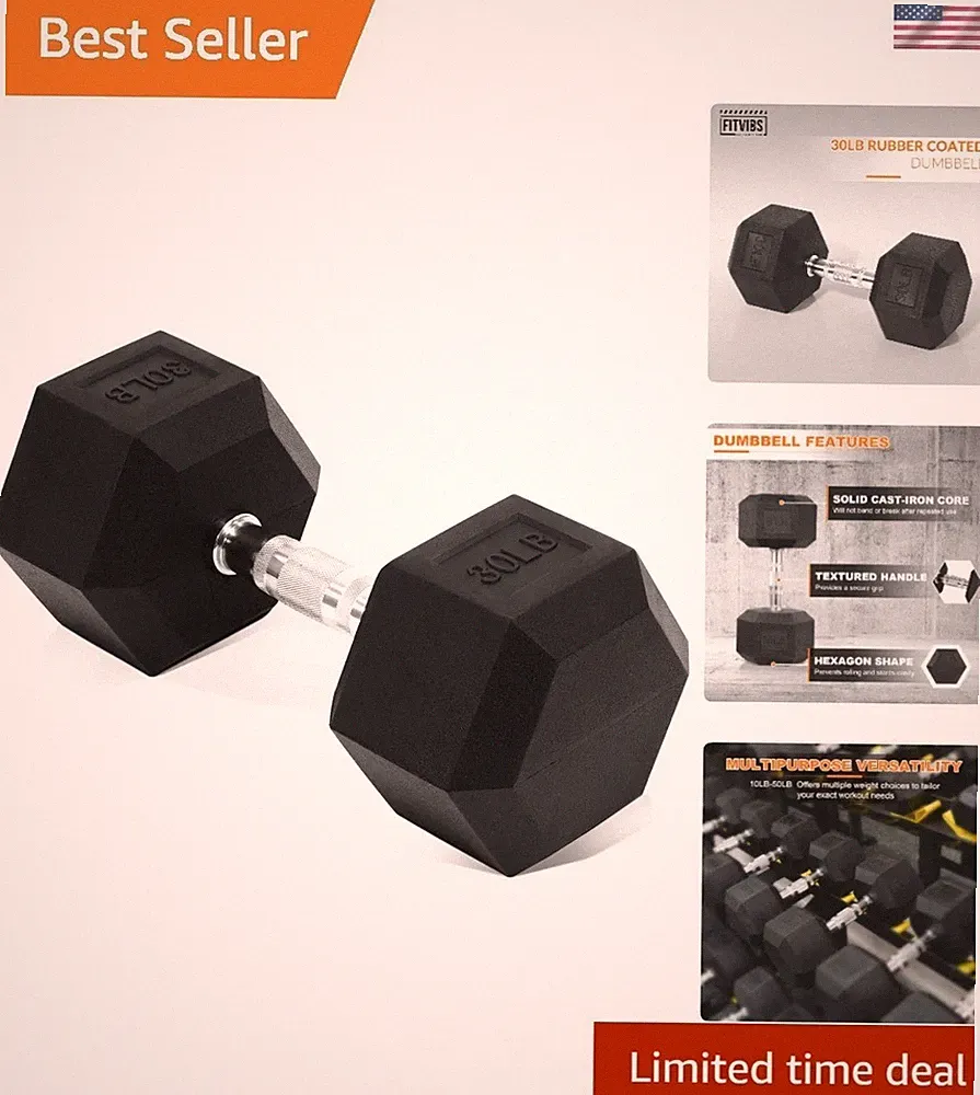 30LB Hex Dumbbell - Rubber Coated Hand Weight for Ultimate Strength Training