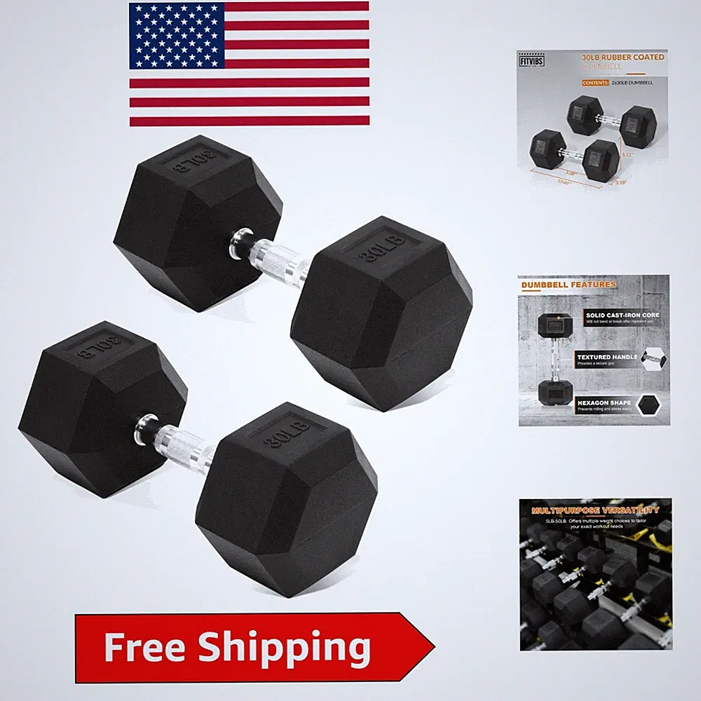 30LB Rubber Encased Hex Dumbbells - Elite Hand Weights for Strength Training