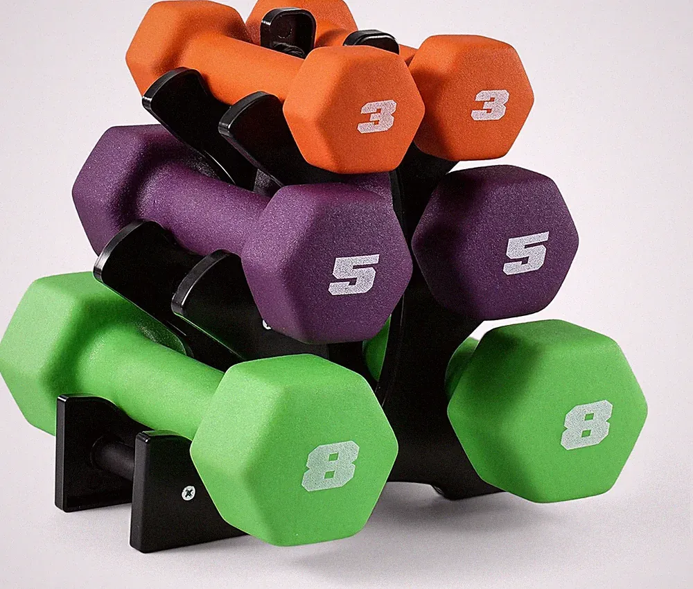32 LB Set of Neoprene Dumbbells with Rack | 3, 5, 8 LB Pairs