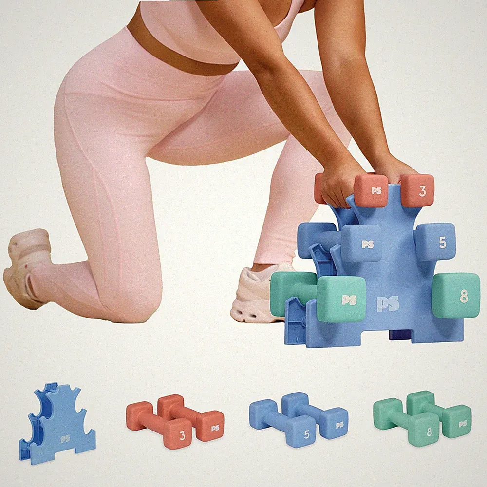 32Lb Neoprene Dumbbell Set with Rack, 3Lb, 5Lb & 8Lb Hand Weights for Strength T
