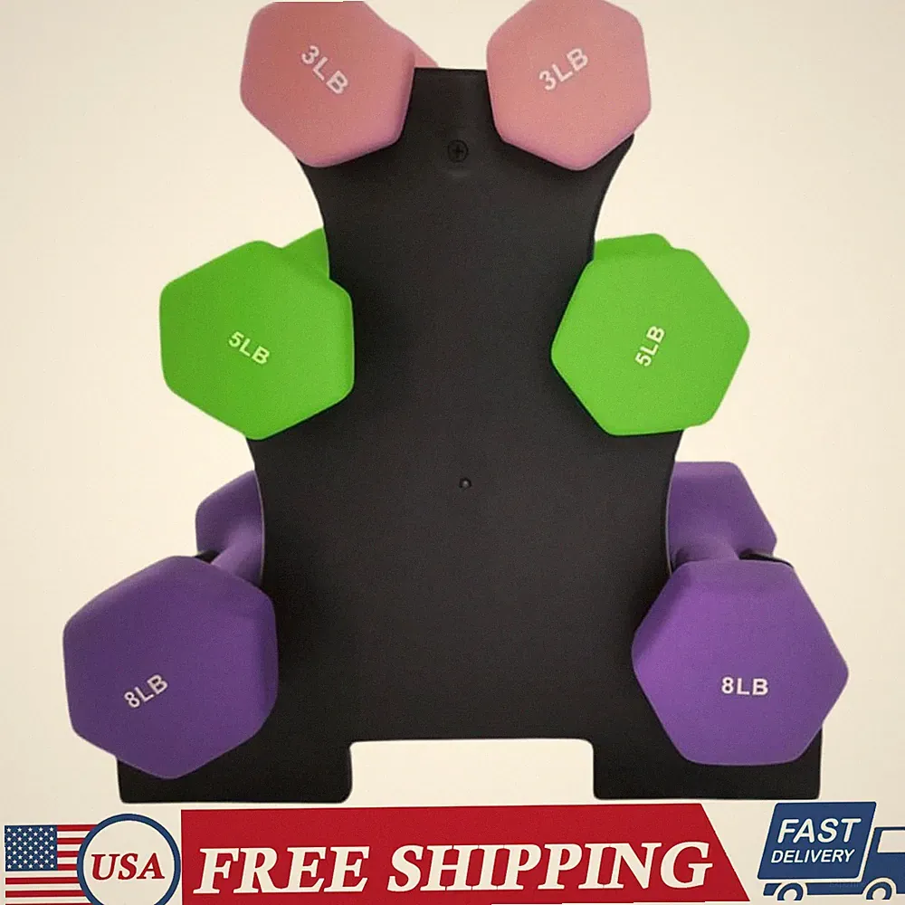 32lbs PVC Coated Dumbbell Set Hexagon Weights Dumbbells Set w/ Rack for Home Gym