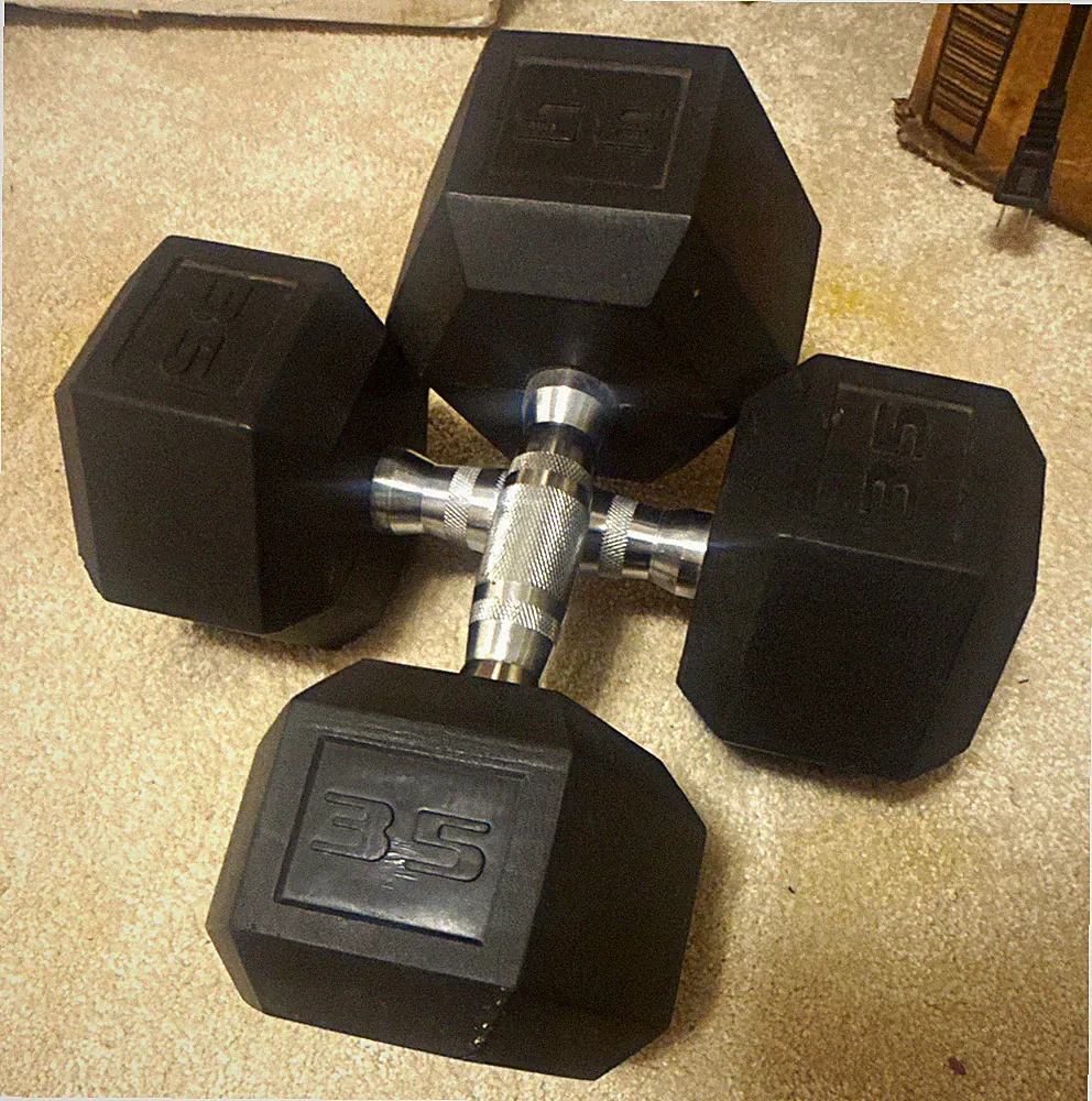 35 lb Rubber Hex Dumbbells Pair (2) Steel Knurled Grip Handles, Black