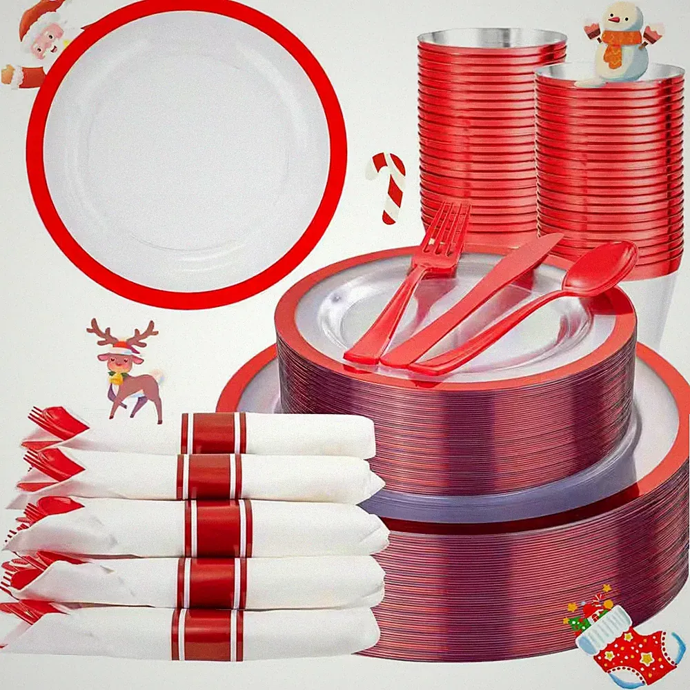 350-Piece Clear and Red Plastic Dinnerware Set with Plates, Napkins, Cups for Pa