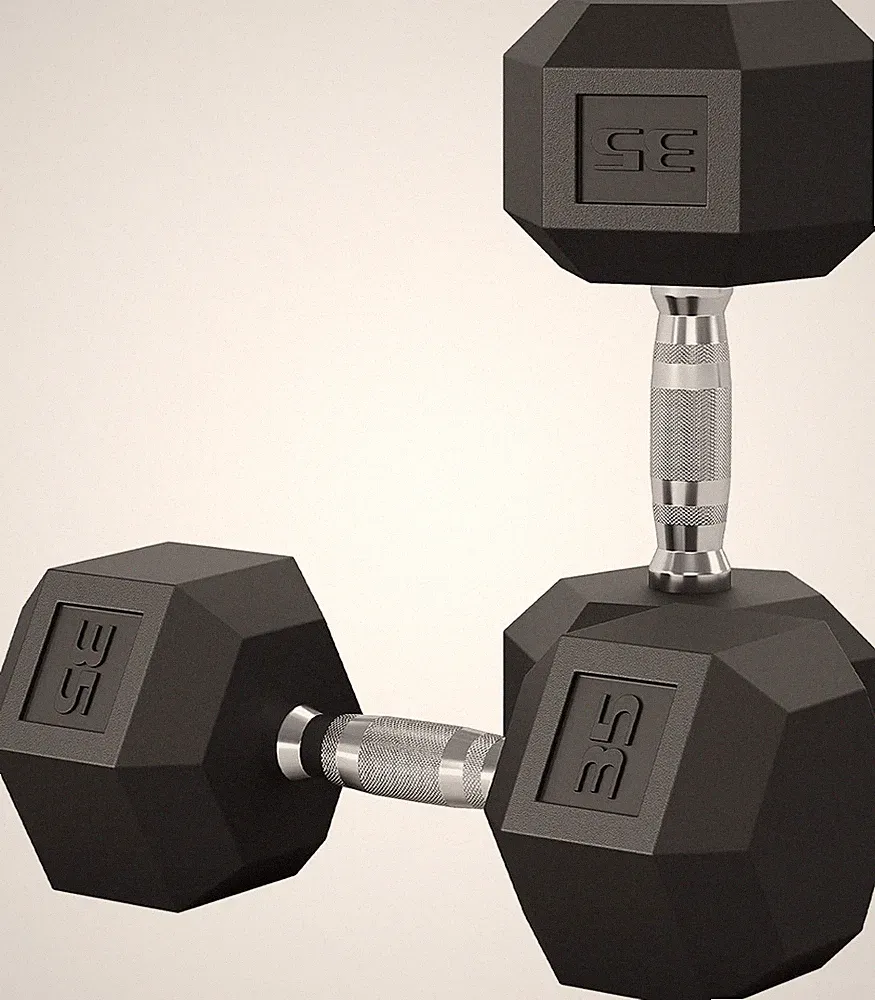 35LB Hex Dumbbell Pair, Rubber Encased W/ Cast Iron Core & Textured Steel Handle