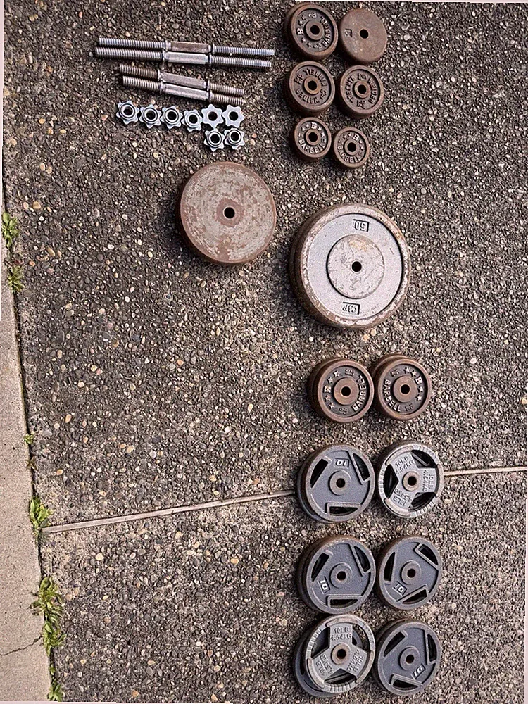 360lb Iron Weight Plates + Dumbbell Handles — Selling Together or Per Plate