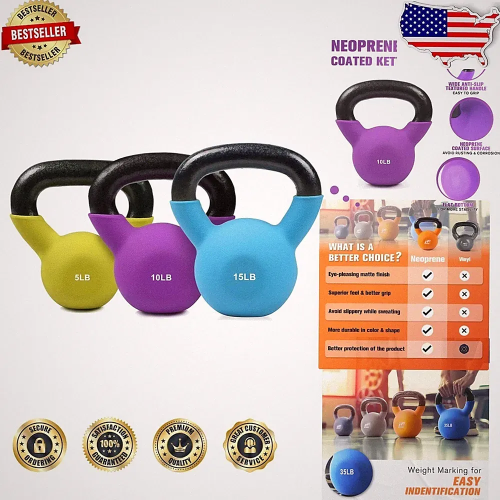 3pc Kettlebell Weights 5-15lb Neoprene Coated Solid Cast Iron