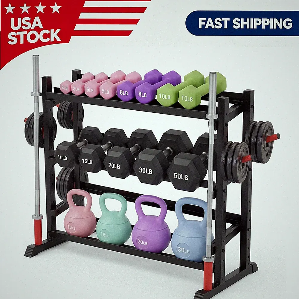 3Tier Dumbbell kettlebell Rack 1300LB Capacity Weight Stand Home Gym Heavy Duty