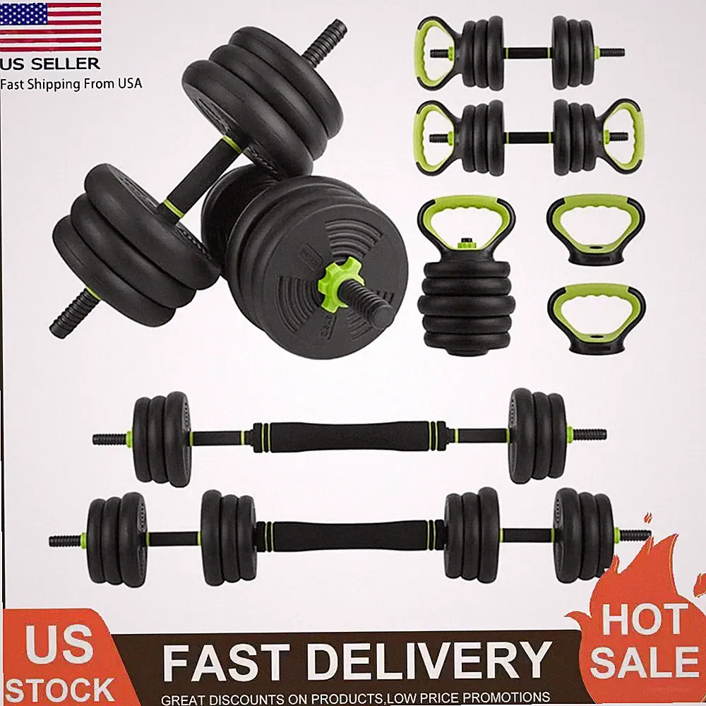 4 in 1 44LBS Adjustable Weight Dumbbell Set Barbell Kettlebell Home Gym Fitness
