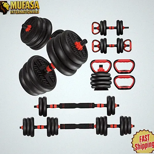4-in-1 Adjustable Dumbbells Set 20/30lbs Home Gym Barbell Kettlebell Weights