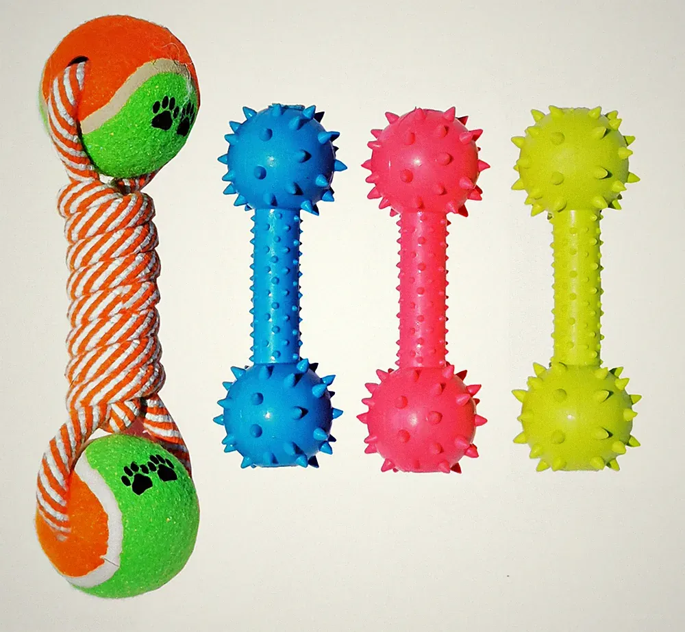 4 Pack Dog Double Bells Dumbbell Puppy Chew Molar Teeth Toy Double Tennis Ball