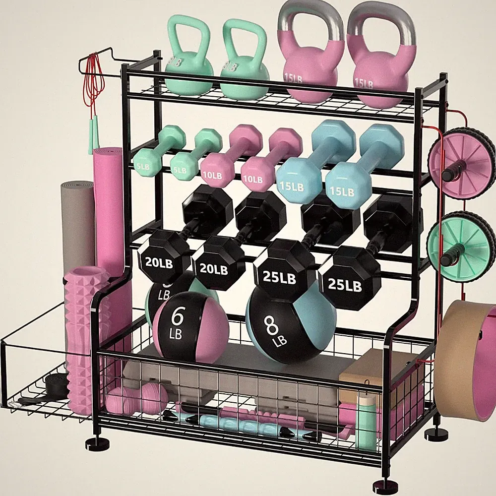 4 Tier Dumbbell Rack Stand with Hooks for Home Gym Yoga Mat and Kettlebells