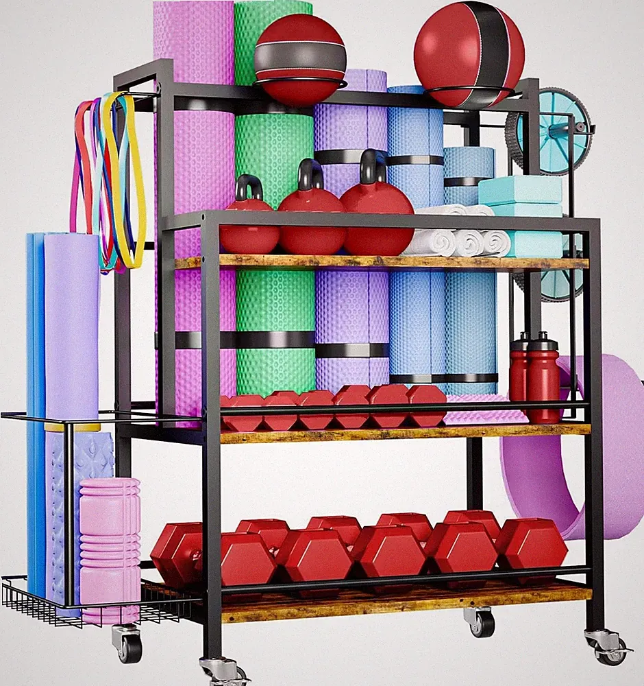 4-Tier Rolling Home Gym Storage Rack – Large Capacity for Dumbbells