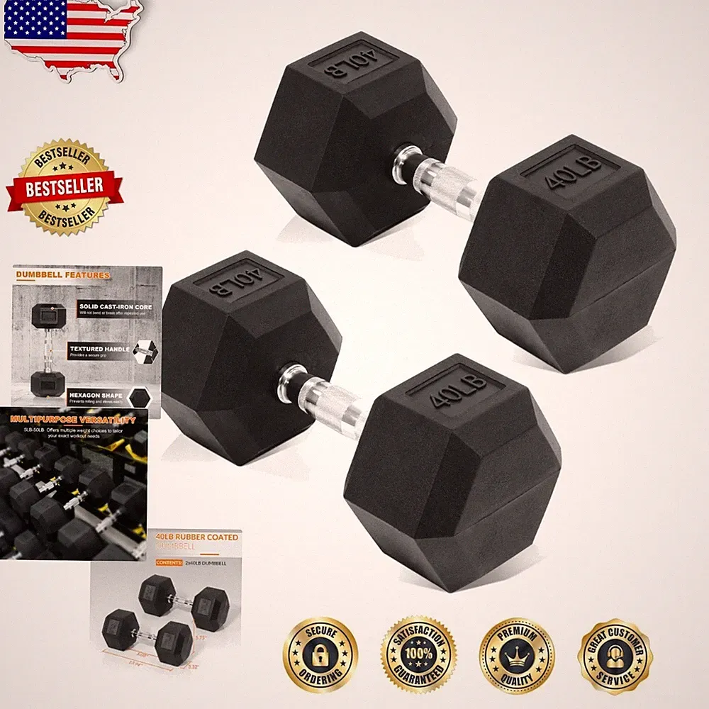 40lb Hex Dumbbell Set Solid Cast Iron Rubber Encased No-Roll Head